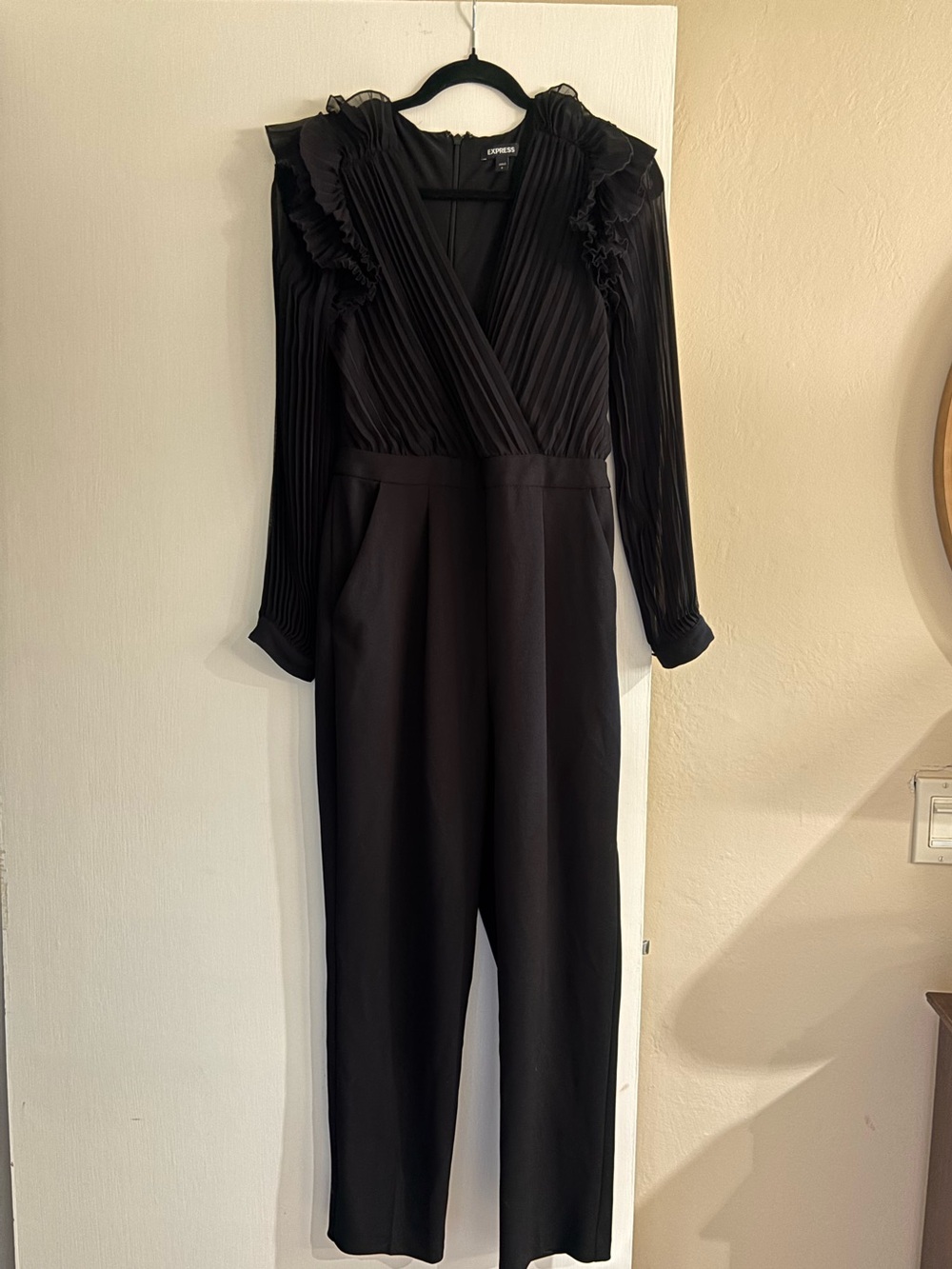 Express Black Pleated Ruffle-Shoulder Long-Sleeve Jumpsuit